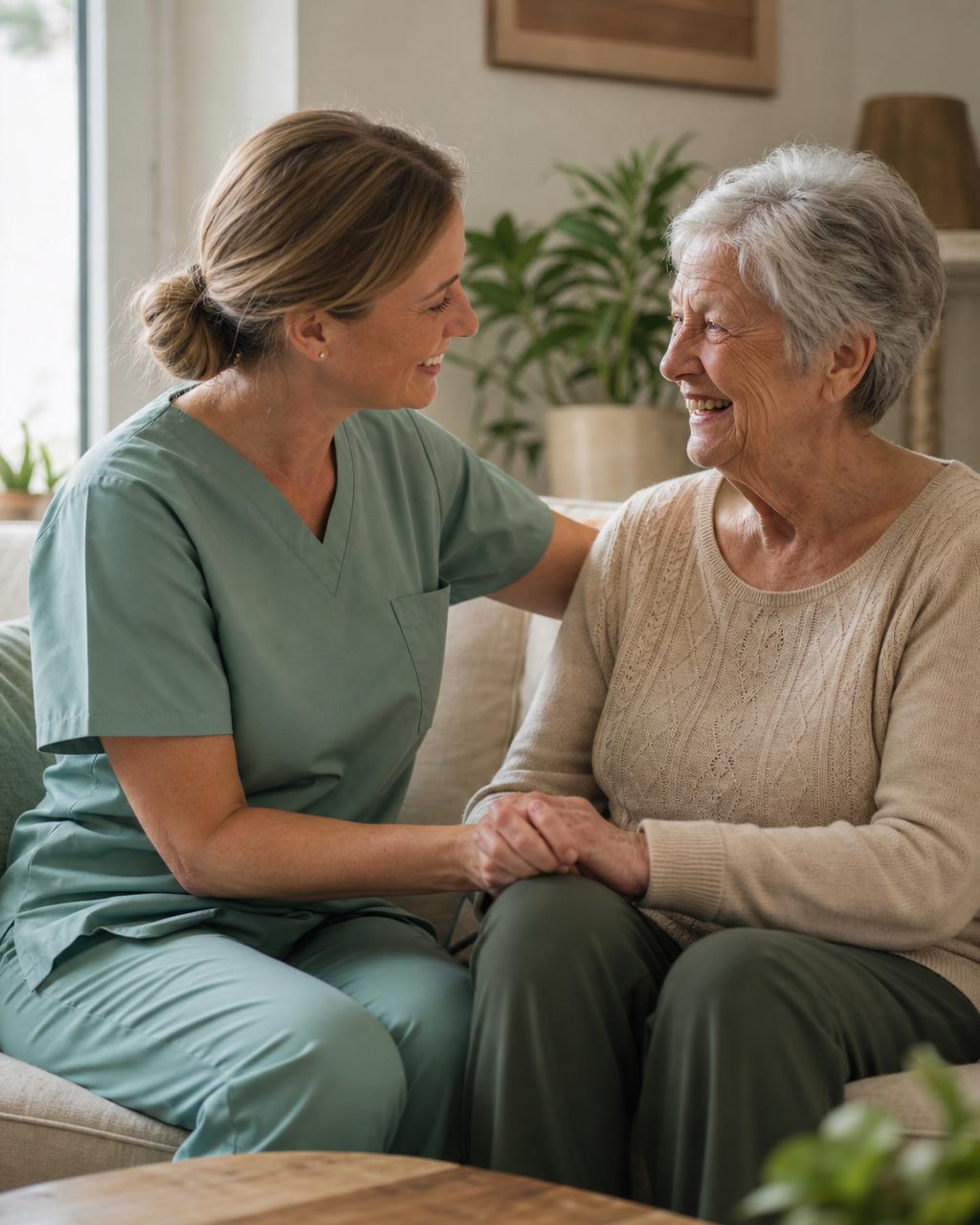 Caregiver assisting a senior client in a bright living room